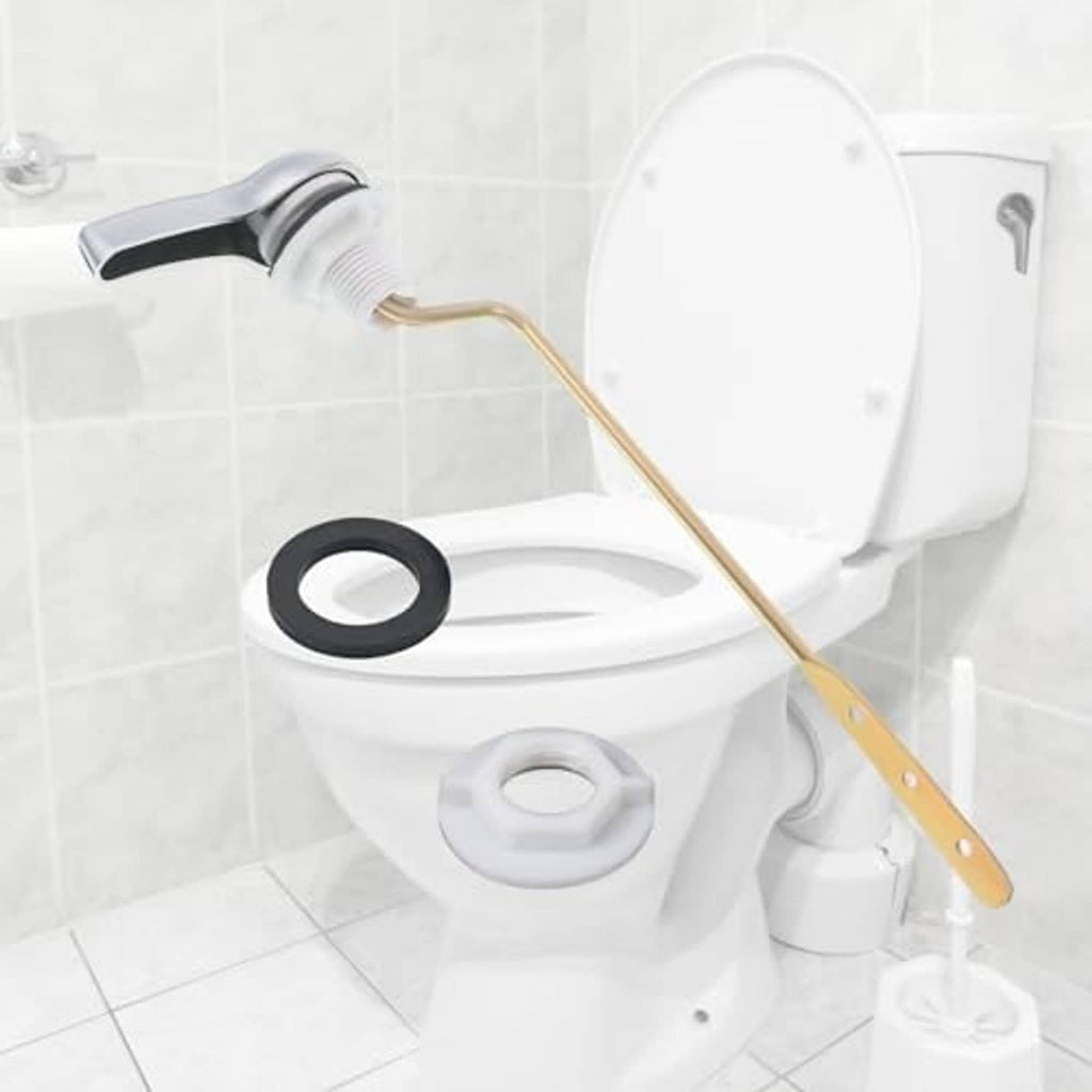 Toilet flush lever kit connected to chain on open tank, white handle and brass arm