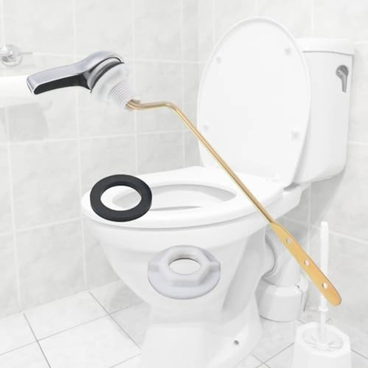 Toilet flush lever kit connected to chain on open tank, white handle and brass arm