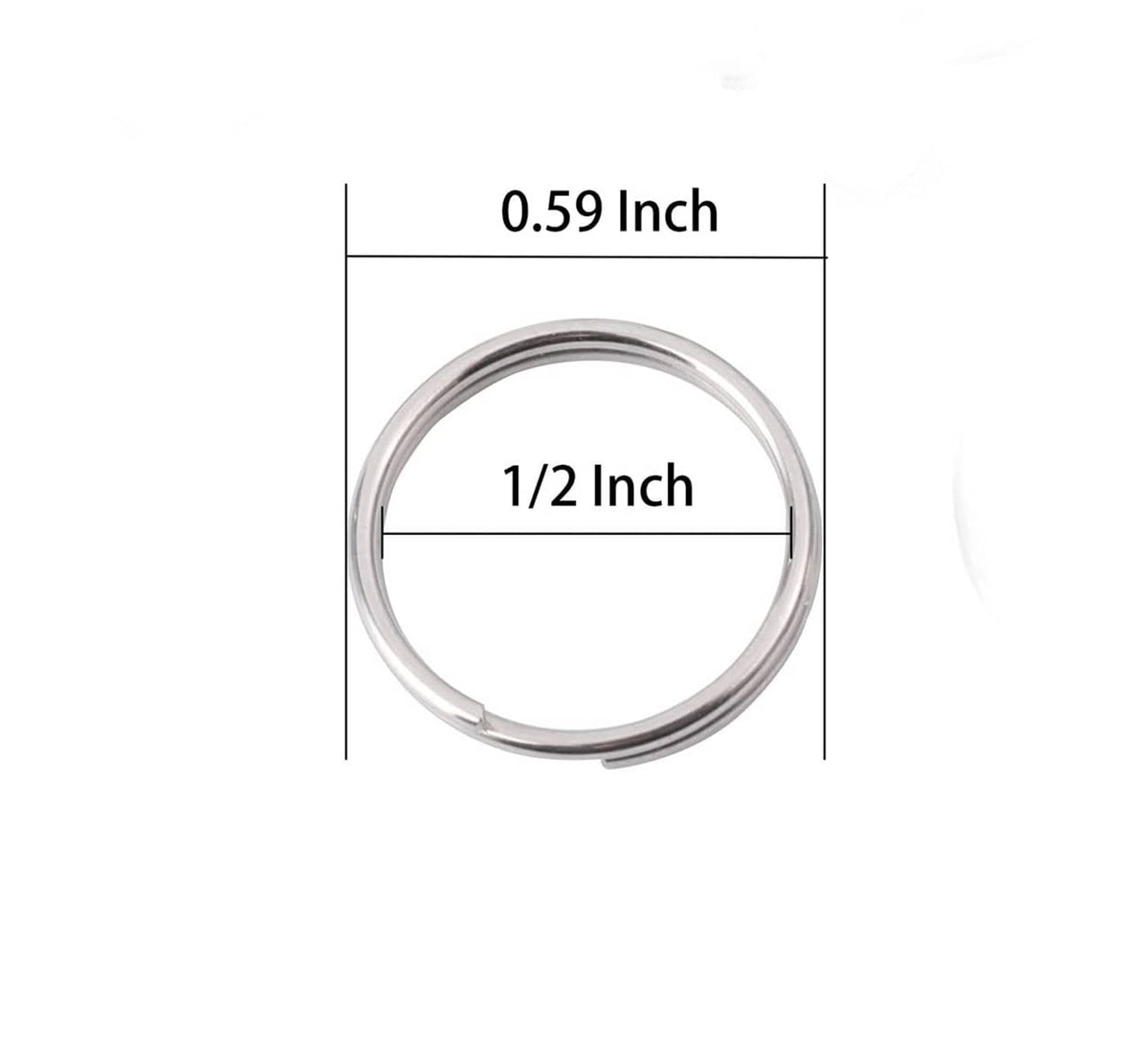 Stainless steel 1/2 inch split key ring with size diagram