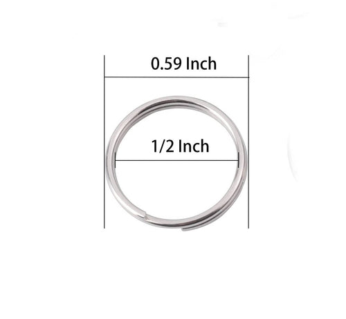 Stainless steel 1/2 inch split key ring with size diagram