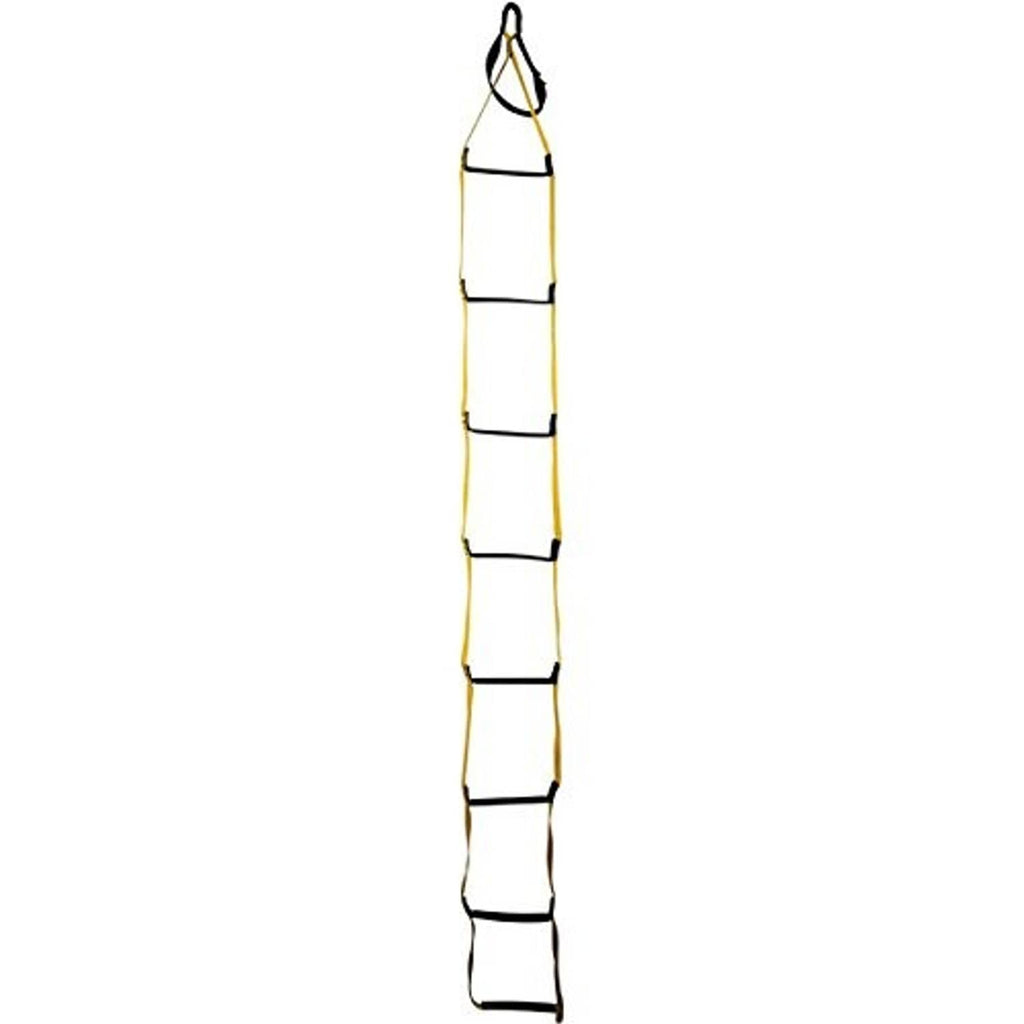Yellow ladder aider strap with multiple black step bands and hanging loop