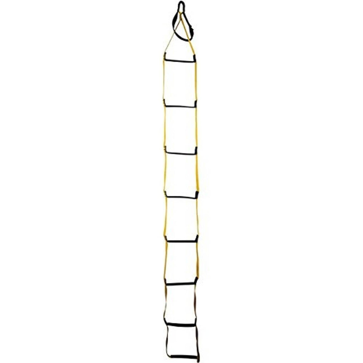 Yellow ladder aider strap with multiple black step bands and hanging loop