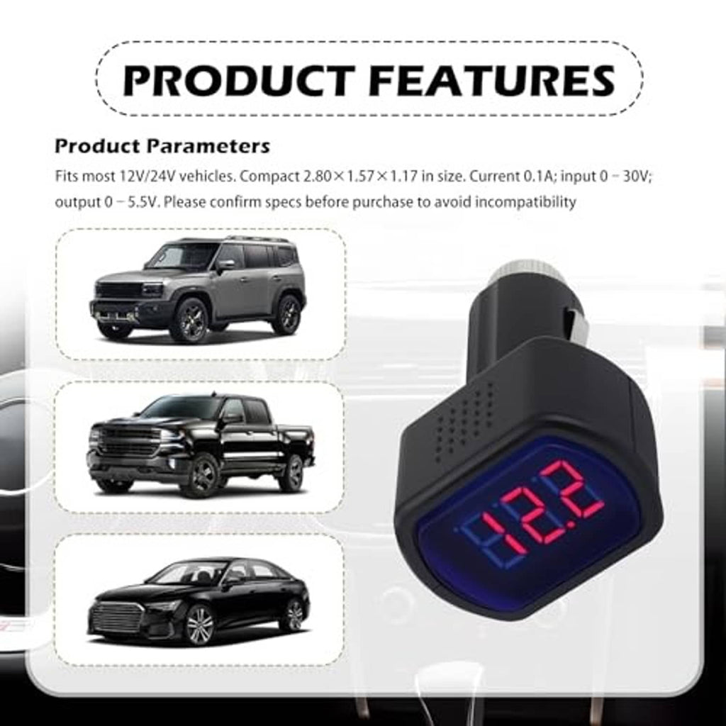 Black car voltage meter with blue LED display, angled on cigarette-lighter plug