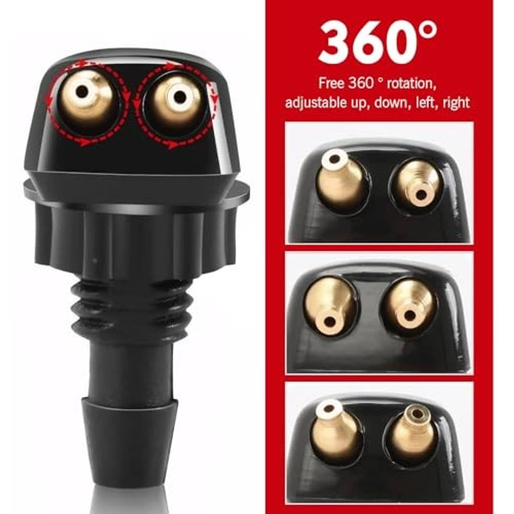Black double-hole washer nozzle with brass outlets, shown with 360° rotational adjustment.