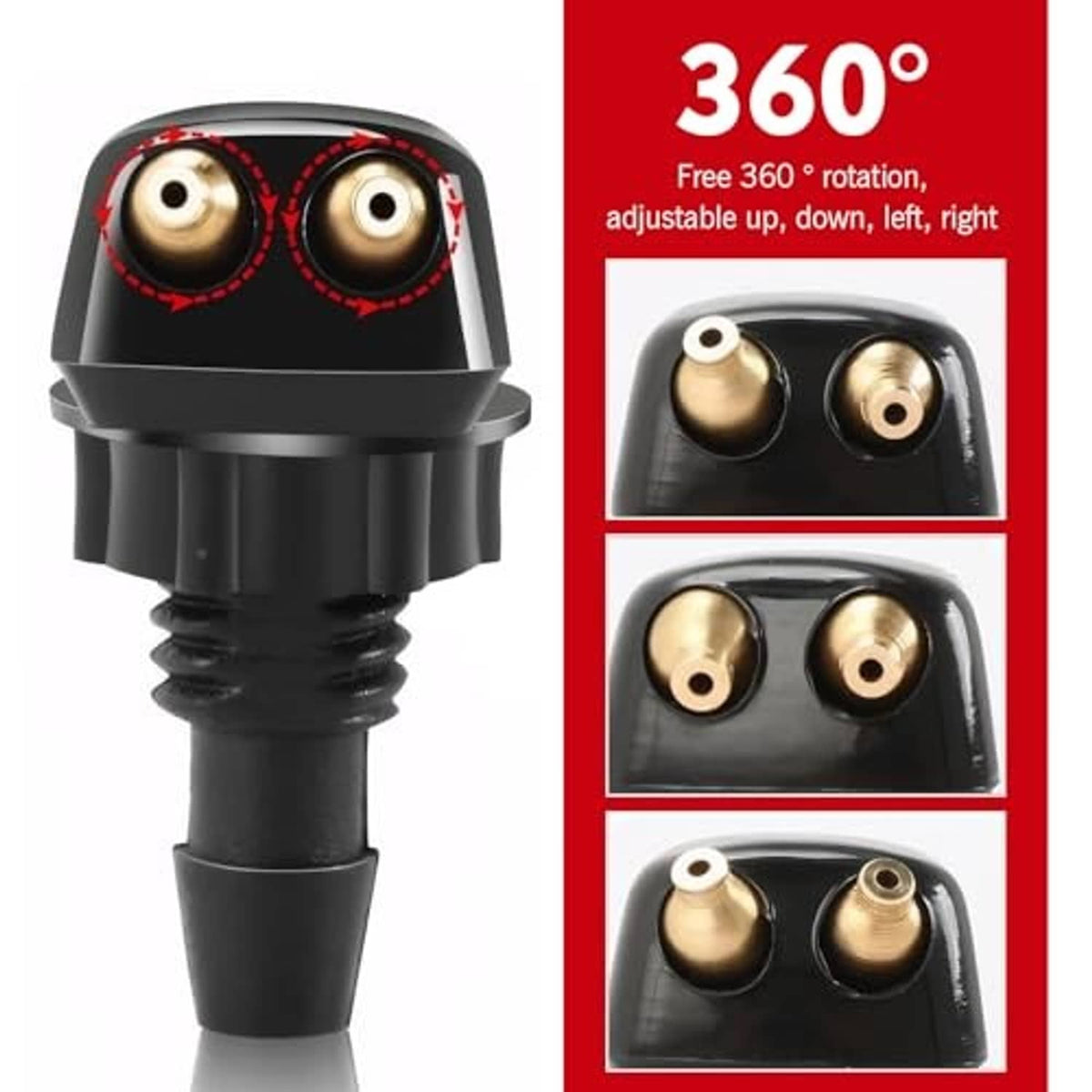 Black double-hole washer nozzle with brass outlets, shown with 360° rotational adjustment.