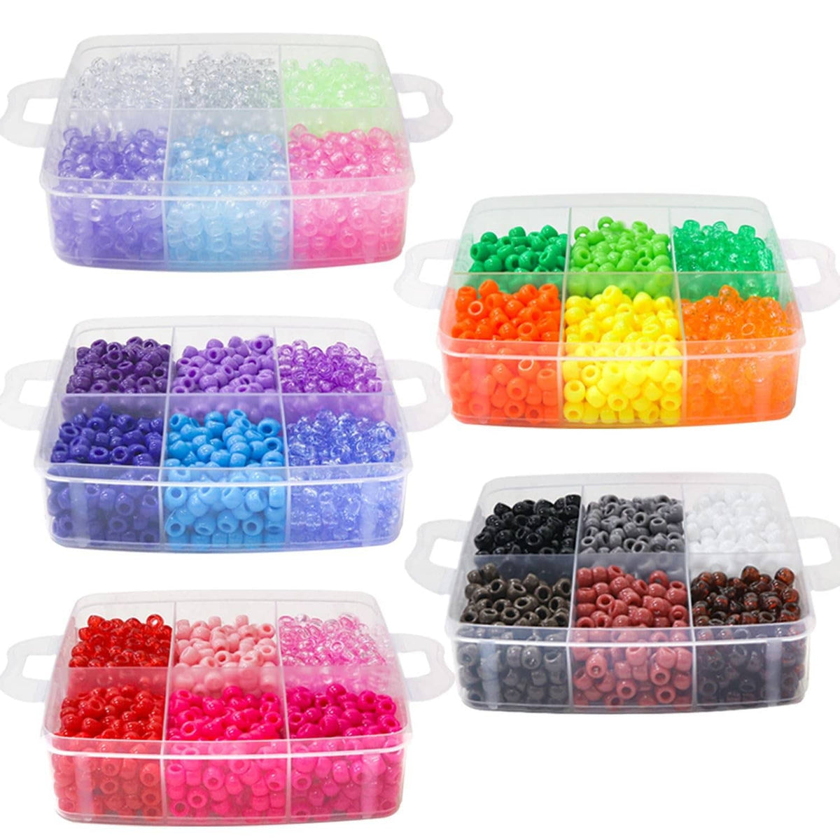 Multiple stacked pony bead cases with colorful beads in separate compartments