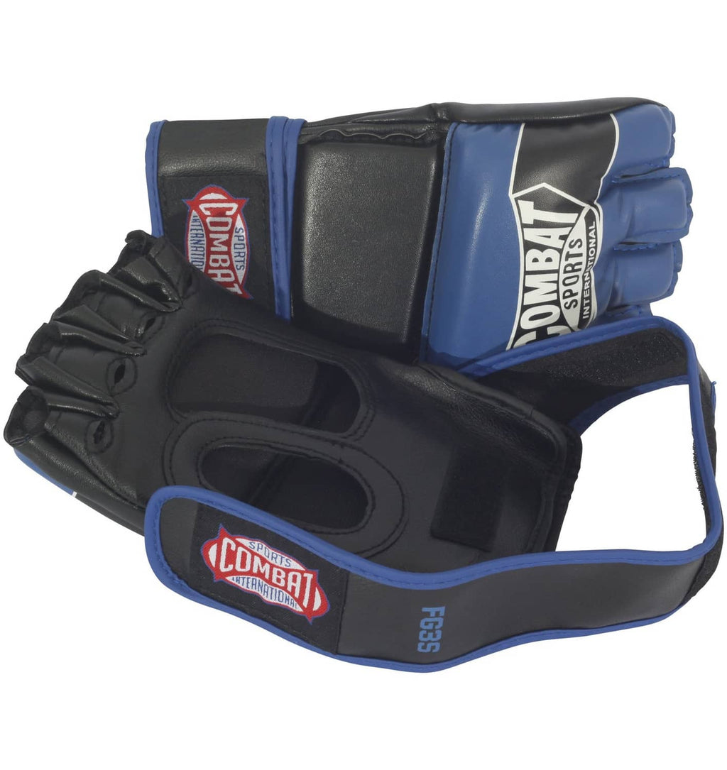Youth boxing gloves, black interior with blue edging, open-finger design