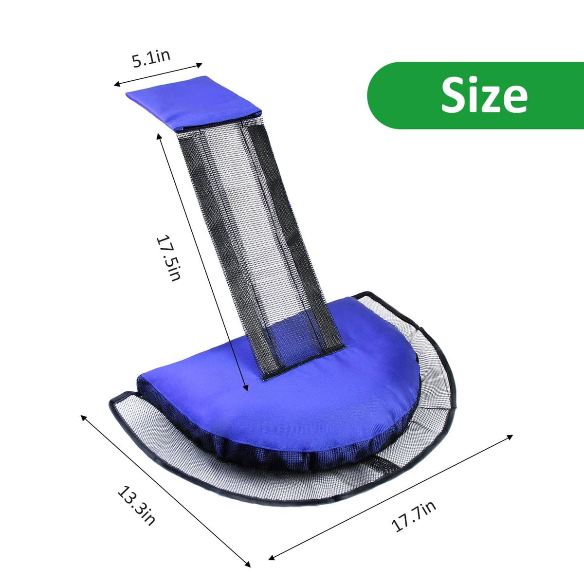 Dark blue pool animal escape ramp size diagram with black mesh base and strip