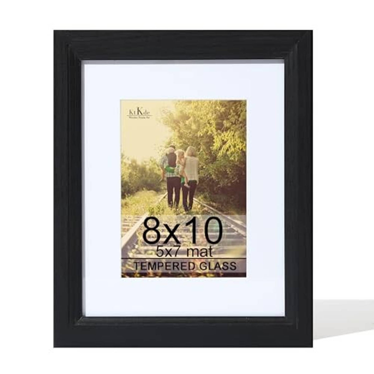 Black woodgrain 8x10 picture frame with real tempered glass and mat