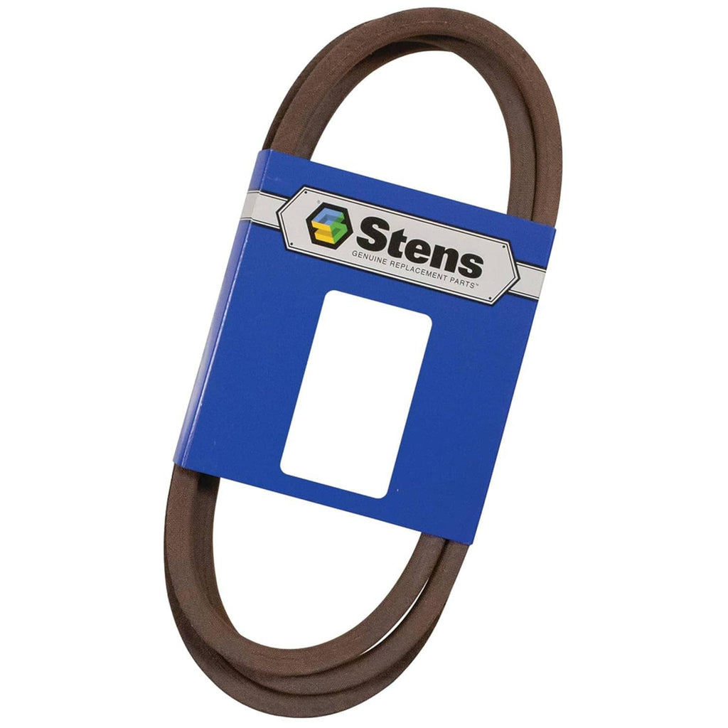 Brown rubber replacement drive belt with Stens blue label sleeve and cutout window
