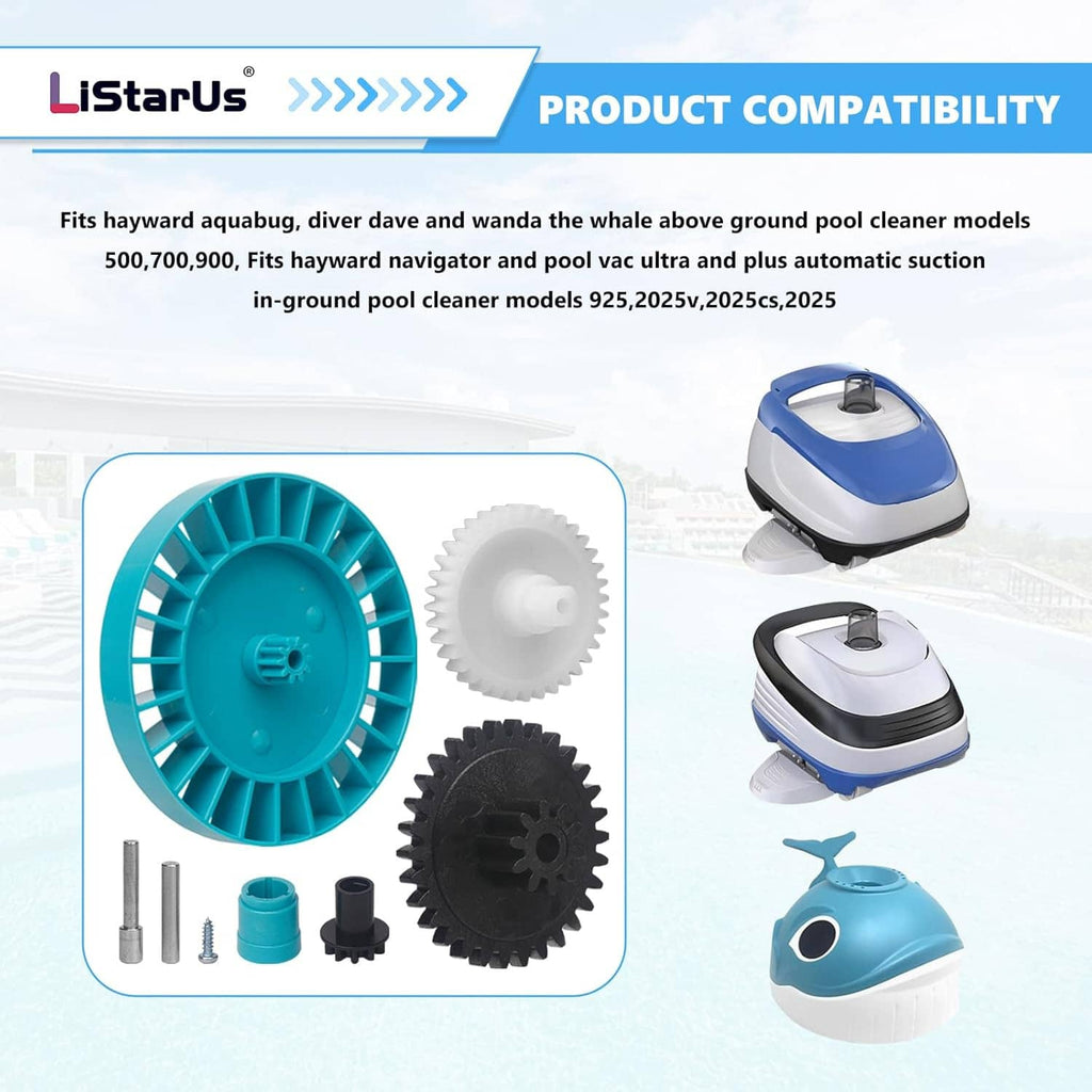 Pool vacuum turbine spindle gear kit replacement shown with matching gears and axles