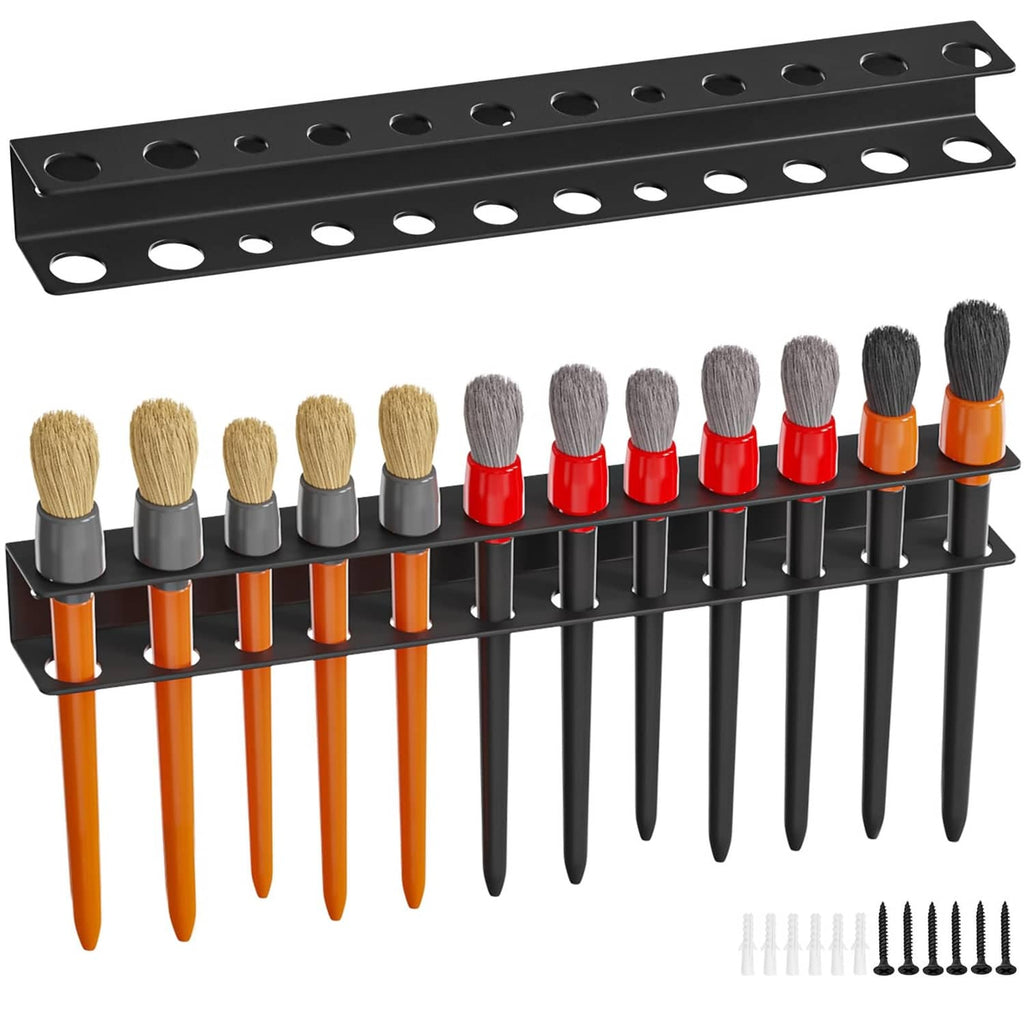 Black car detailing brush wall-mount rack, 12 slots with assorted brush heads