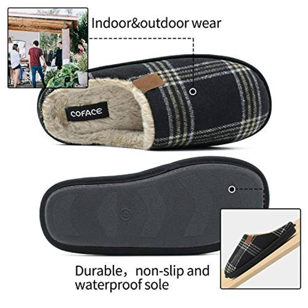 Men’s plaid slip-on scuff slippers with tan fleece lining and textured non-slip sole