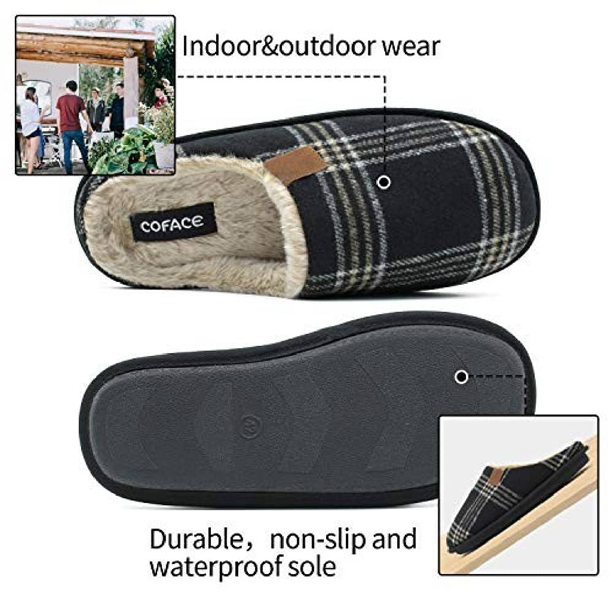 Men’s plaid slip-on scuff slippers with tan fleece lining and textured non-slip sole