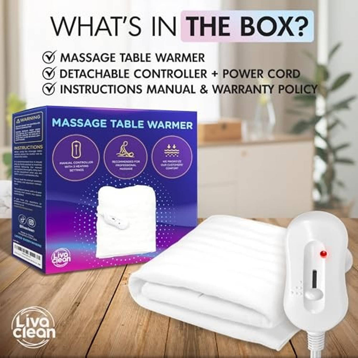 Massage table warmer kit with box, white heating blanket, and detachable controller