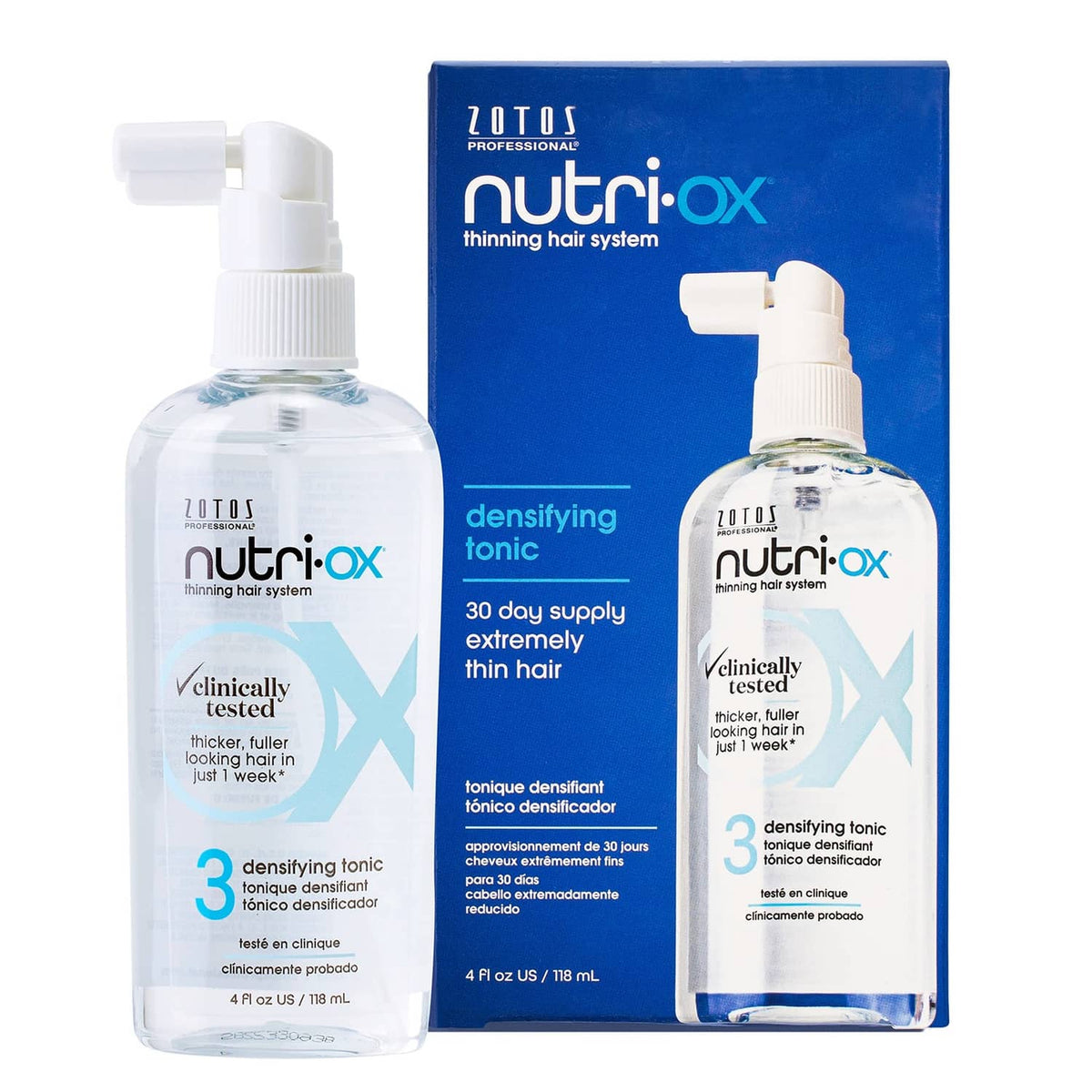 Densifying hair tonic bottle with pump and retail box, clear liquid, 4 fl oz