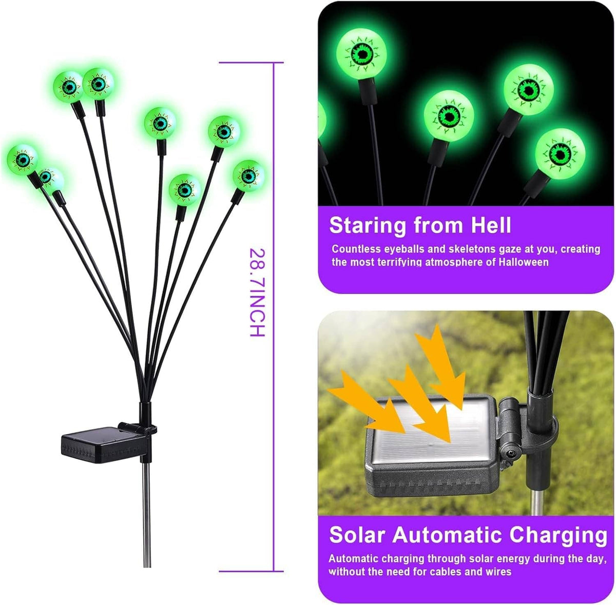 Bundled outdoor solar Halloween LED stake lights with glowing green bulbs and solar control box