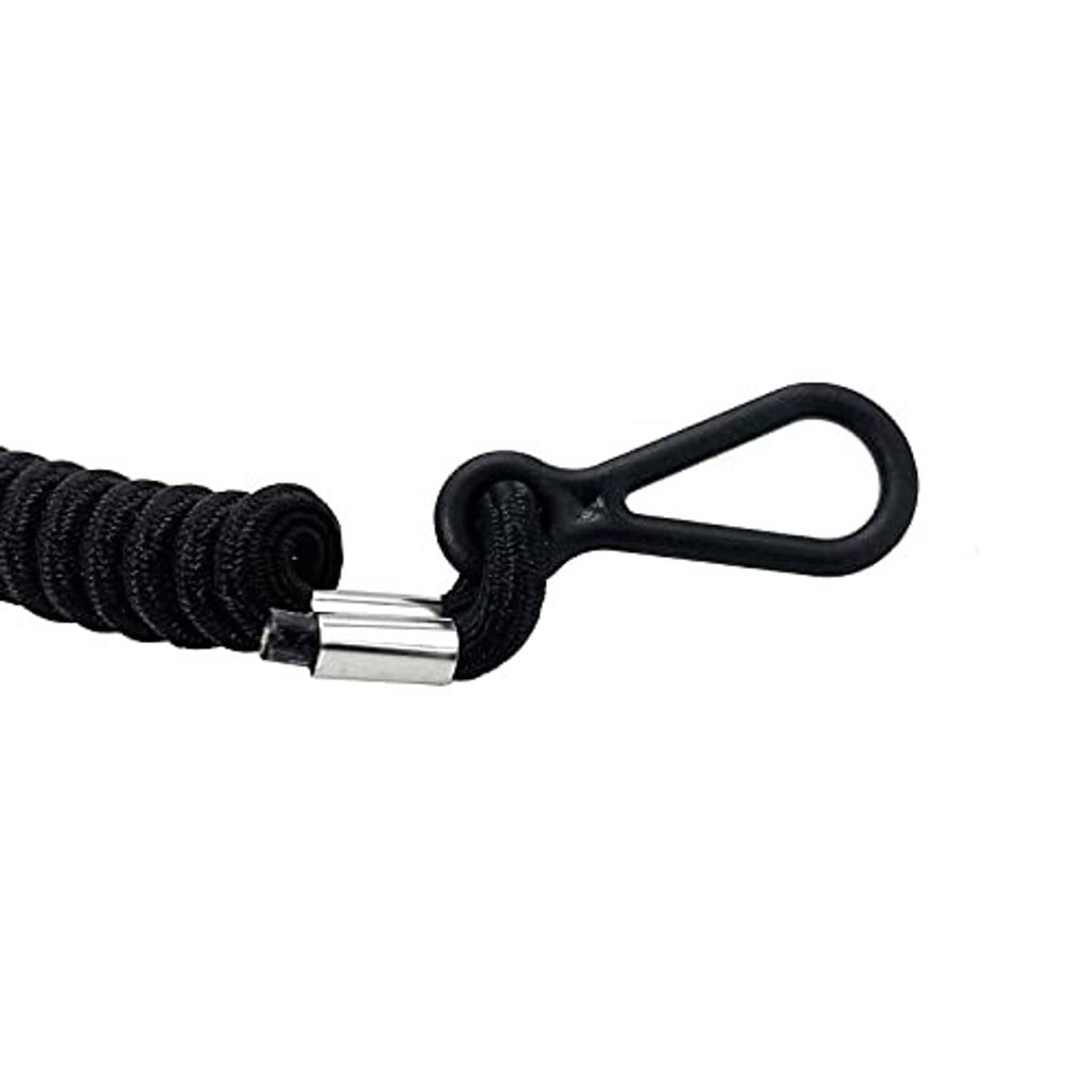 Black coiled lanyard cord with metal connector and molded pull ring handle.