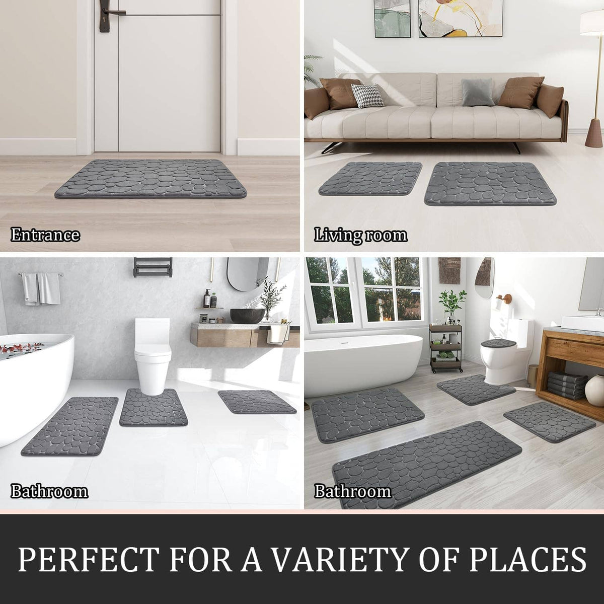 Five-piece dark grey bath rug set shown on bathroom, entry, and living room floors