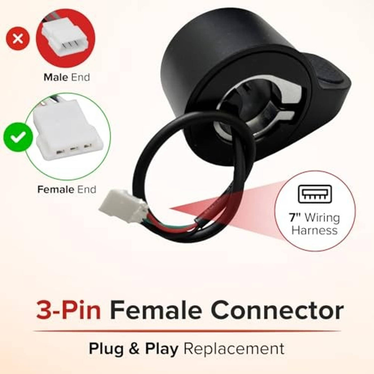 Black thumb throttle controller with 3-pin female connector and 7-inch wiring harness