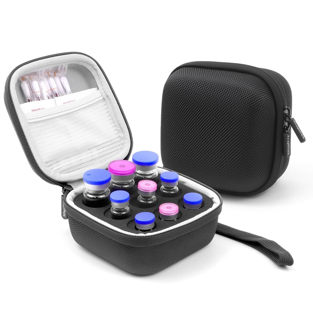 Black insulin vial protector case with zipper, open mesh interior and vial storage slots