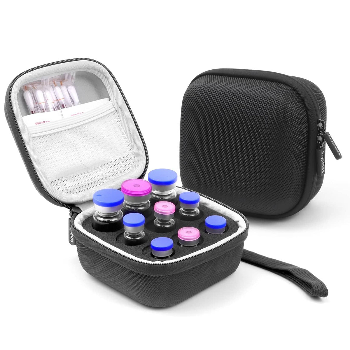 Black insulin vial protector case with zipper, open mesh interior and vial storage slots