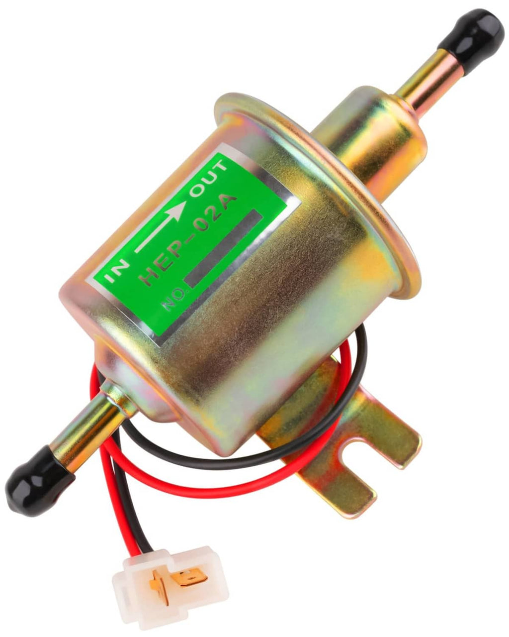 Inline 12V electric fuel transfer pump with IN/OUT label and red-black power leads