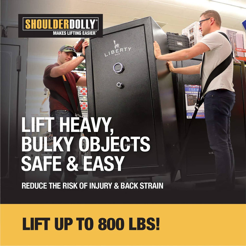 Black shoulder dolly moving straps on movers lifting a large heavy box
