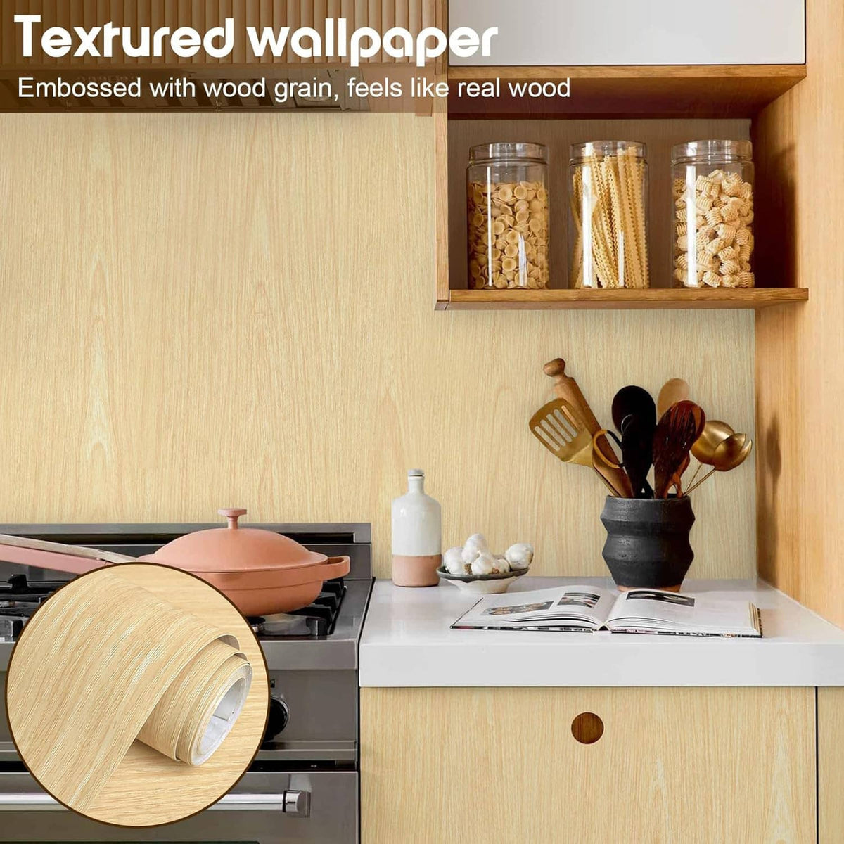 Light wood grain peel-and-stick contact paper, textured embossed pattern roll and wall