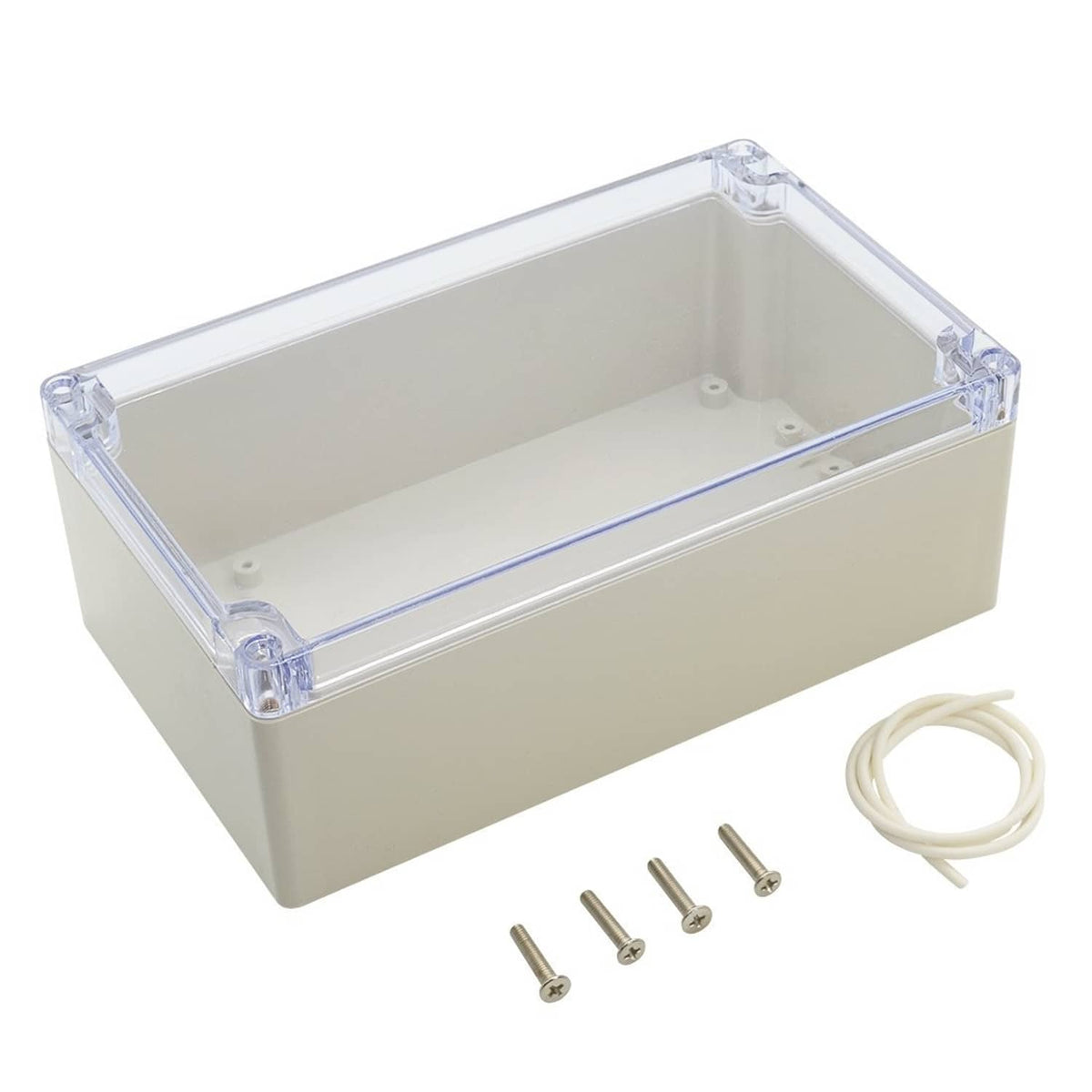 ABS electrical junction box with clear hinged cover, beige base, screws and gasket seal