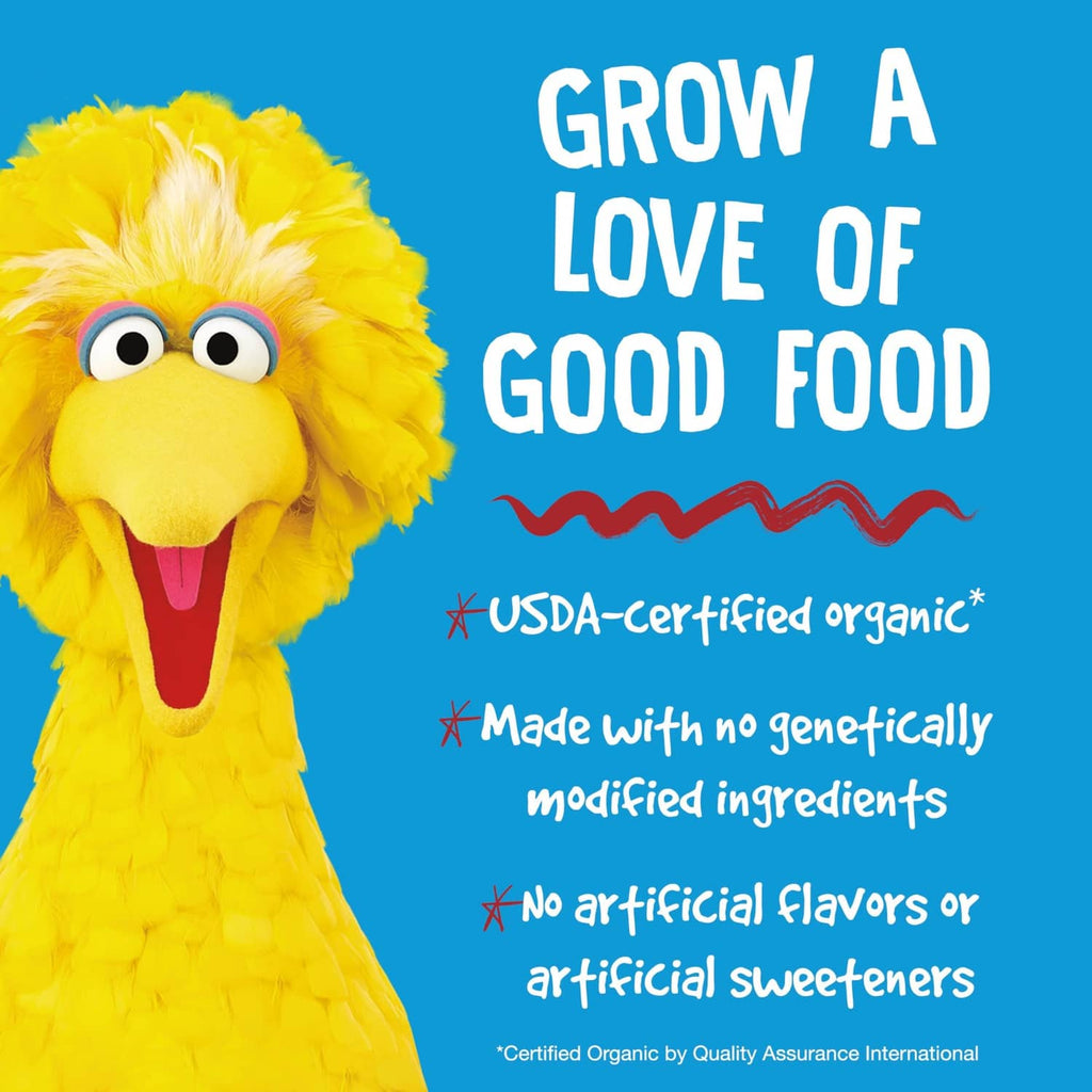 Good food organic ad graphic with yellow Sesame Street mascot for snack bars