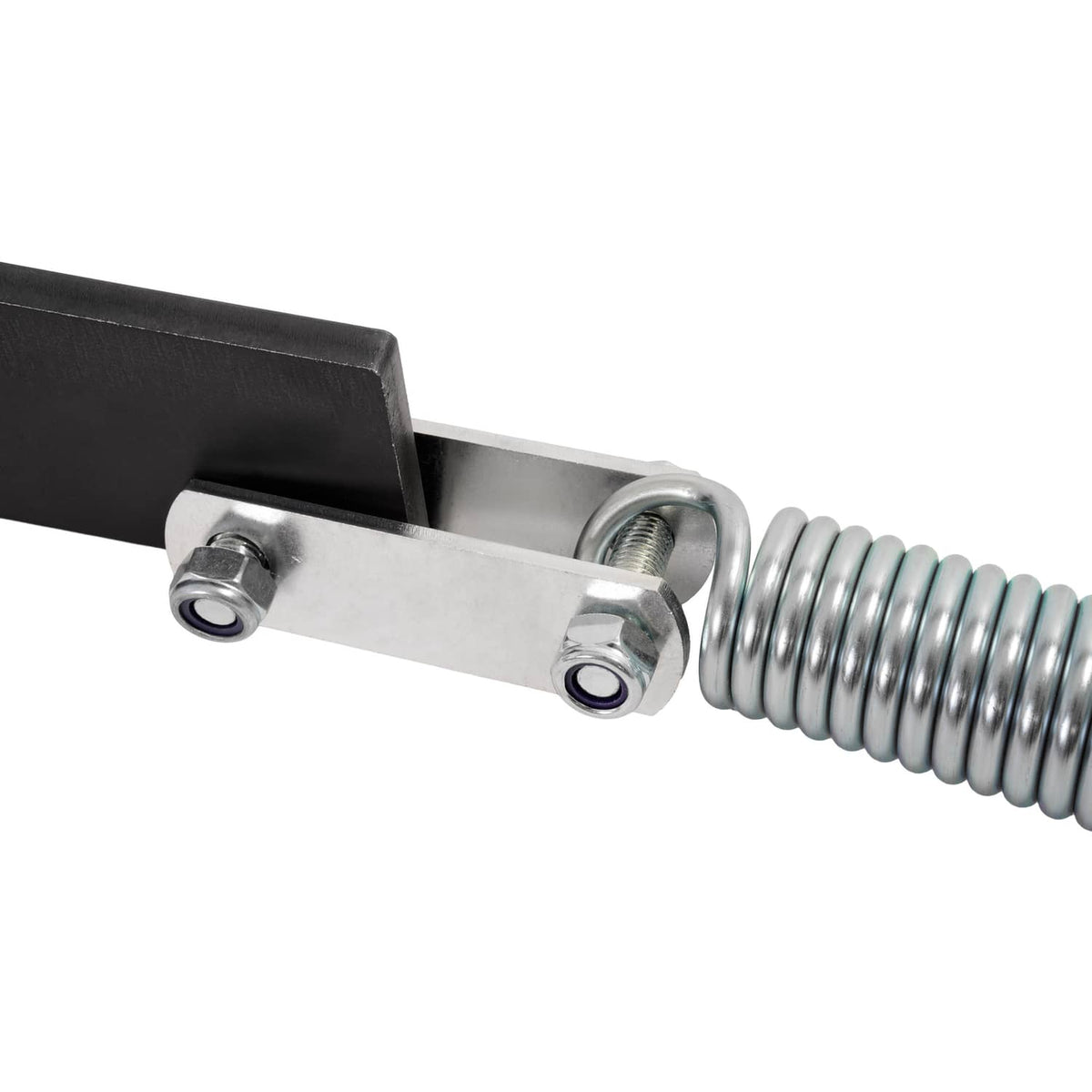 Close-up of tailgate spring lift assist hinge bracket with silver coil and bolts