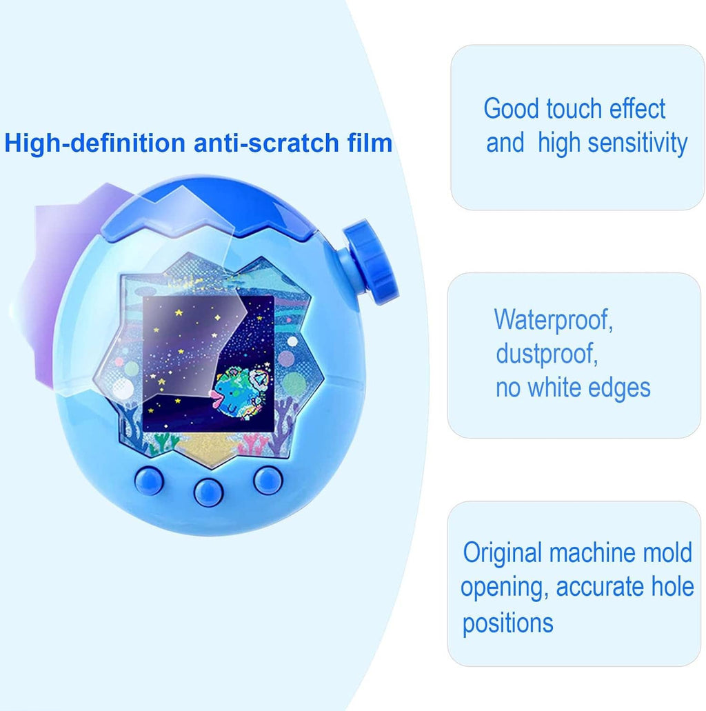 Blue handheld Tamagotchi screen protector film on display, angled view