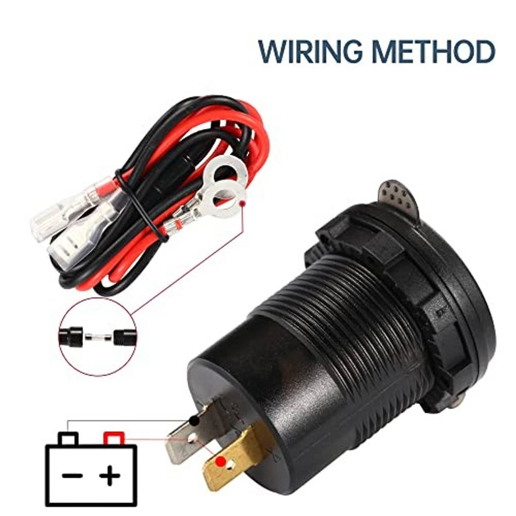 Black car charger with power wiring harness, fuse, and dual USB PD and QC 3.0 ports