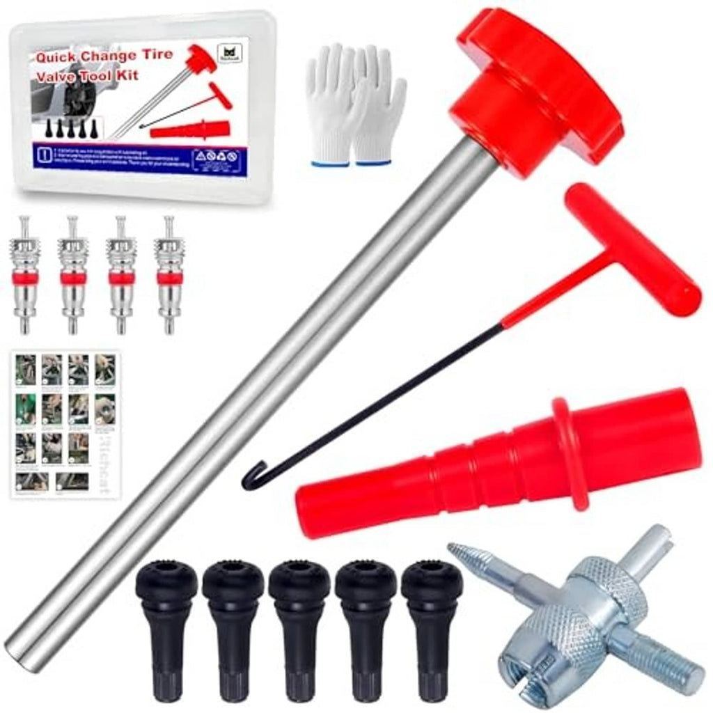 Car tire valve stem tool kit: metal rod with hook, red push tube, valve cores set