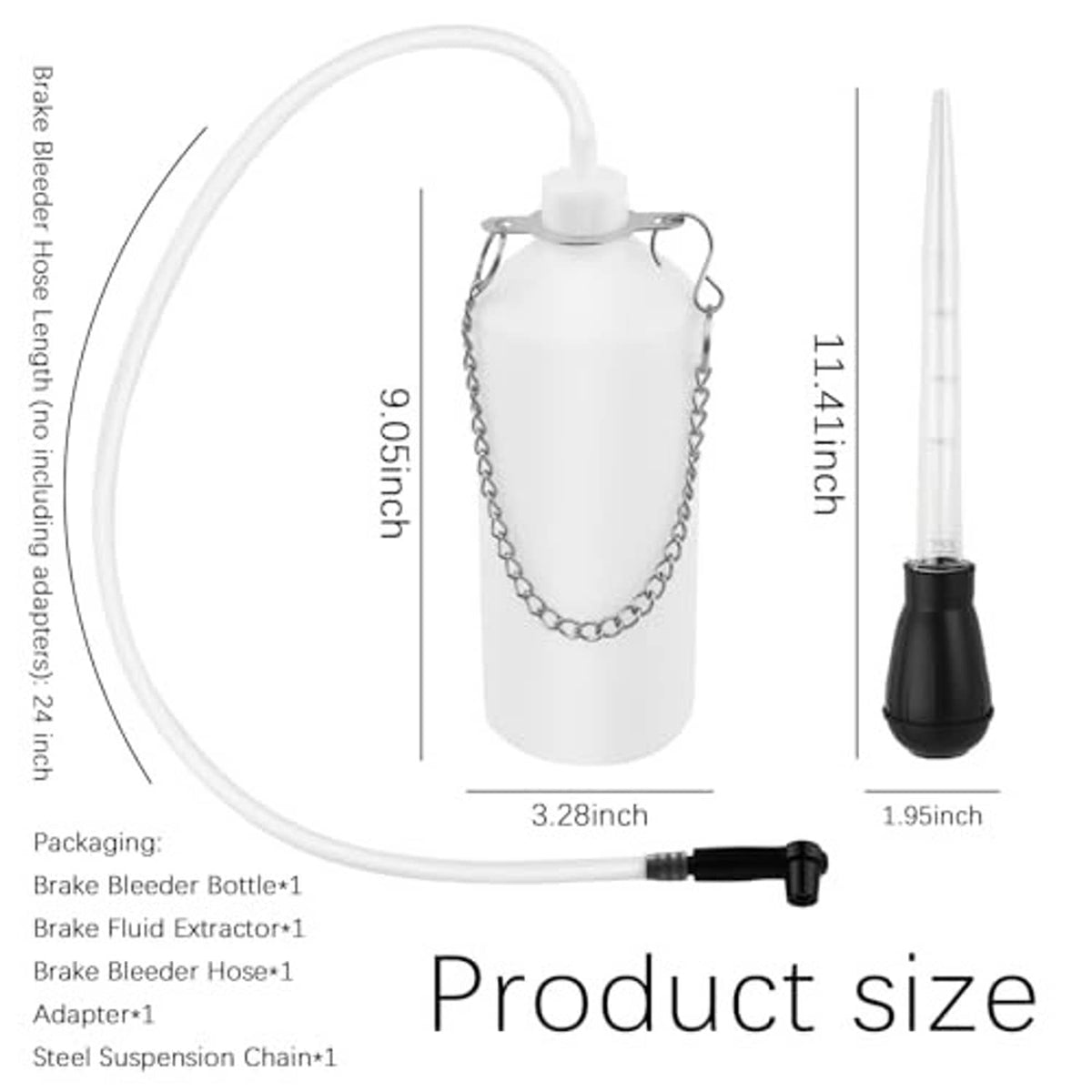 Brake bleeder kit product size diagram showing bottle, hose, and hand pump