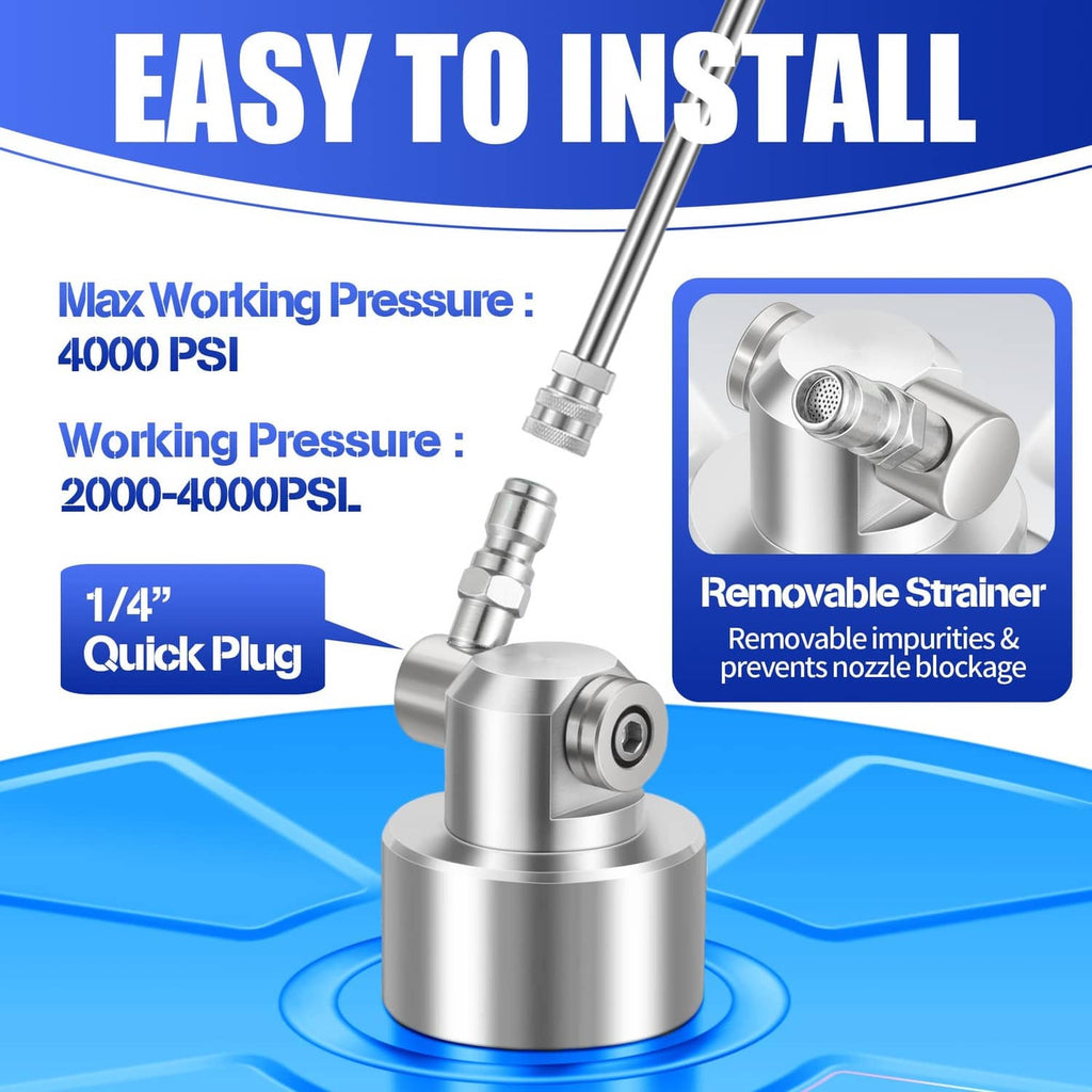 Pressure washer surface cleaner with removable strainer and 1/4 quick-plug hose connector