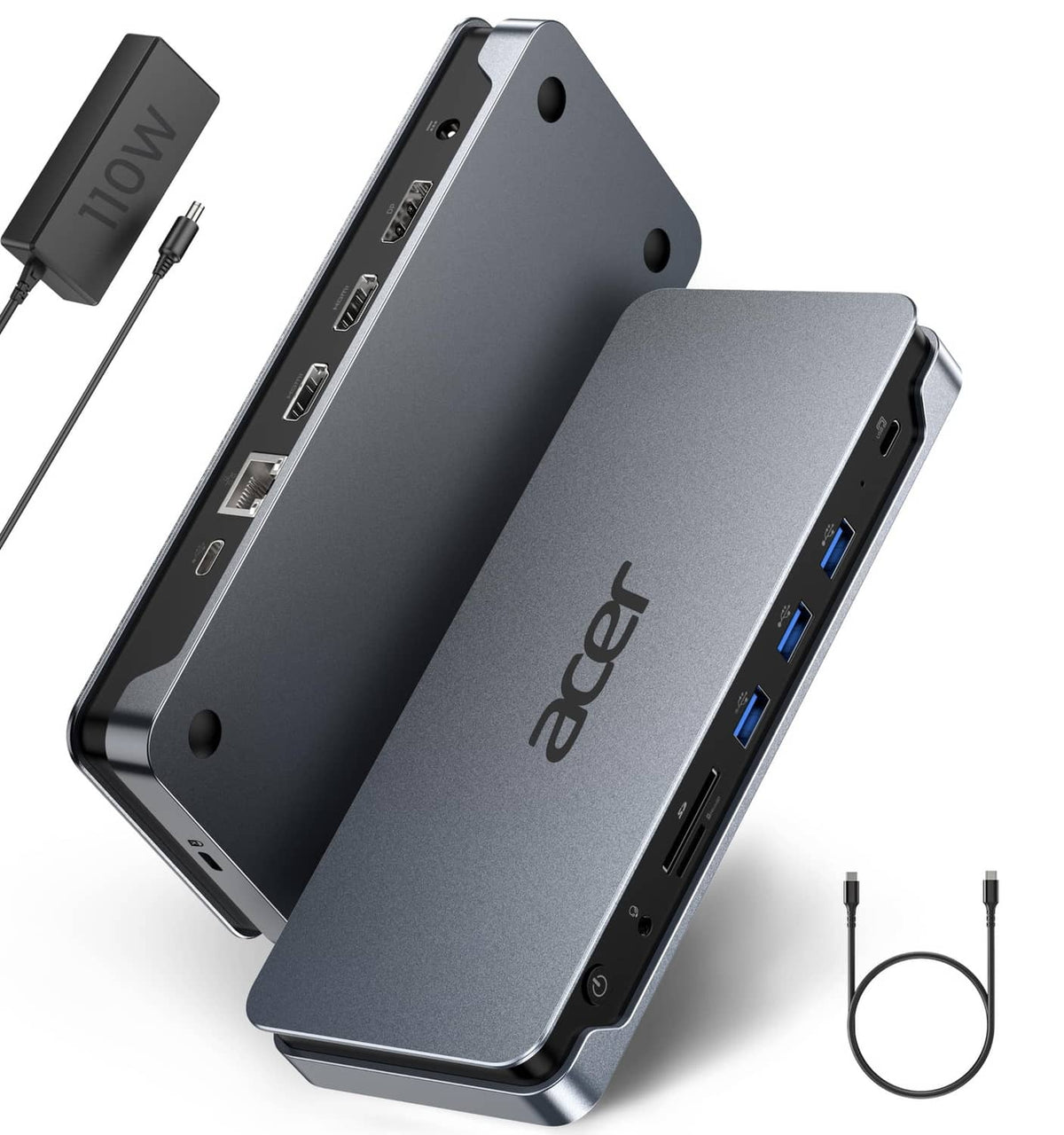 Acer USB-C laptop docking station in space gray with multiple display and USB ports