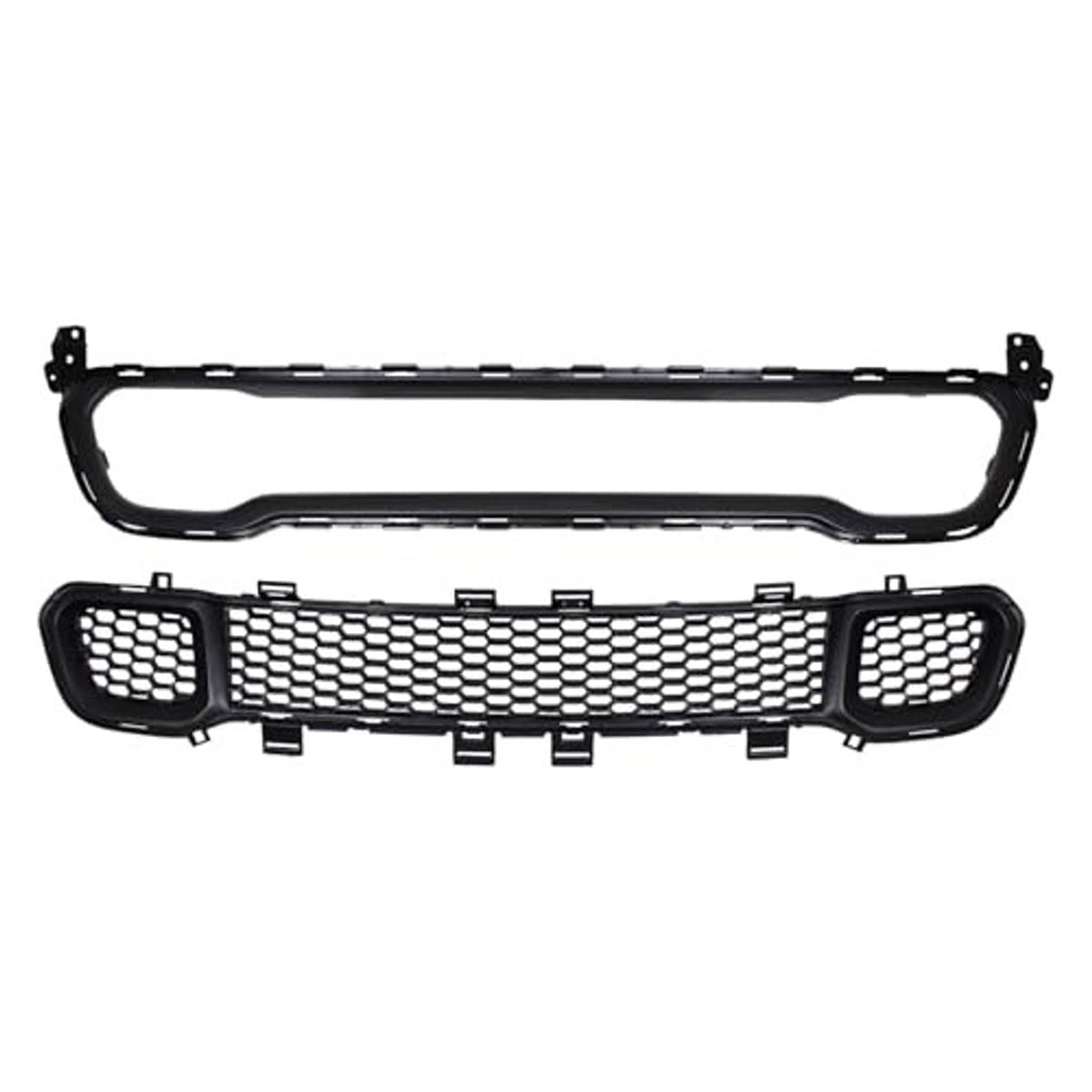 Black grille frame with honeycomb mesh center bar and two side mesh openings