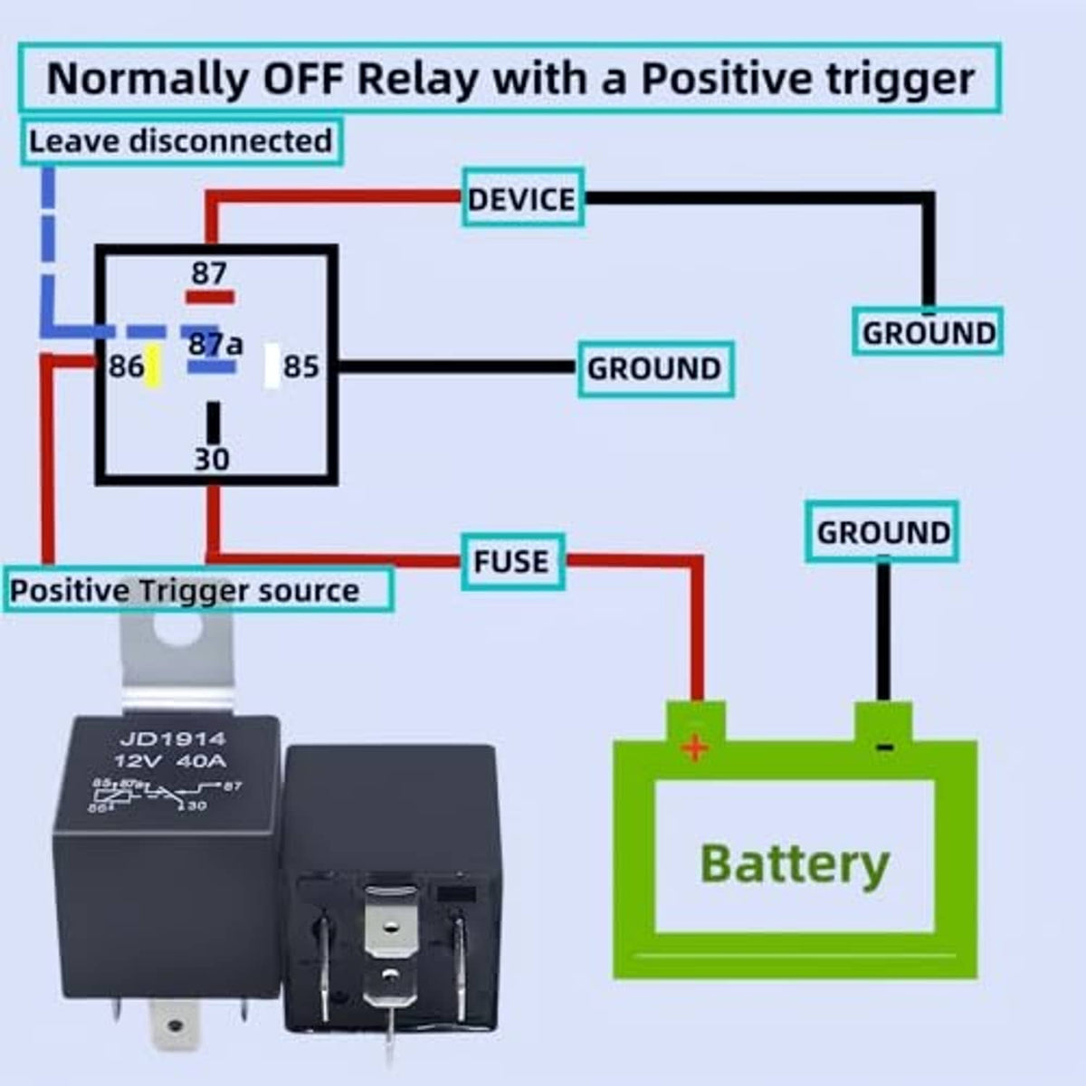 Normally off relay circuit schematic with positive trigger, fuse, and battery terminals