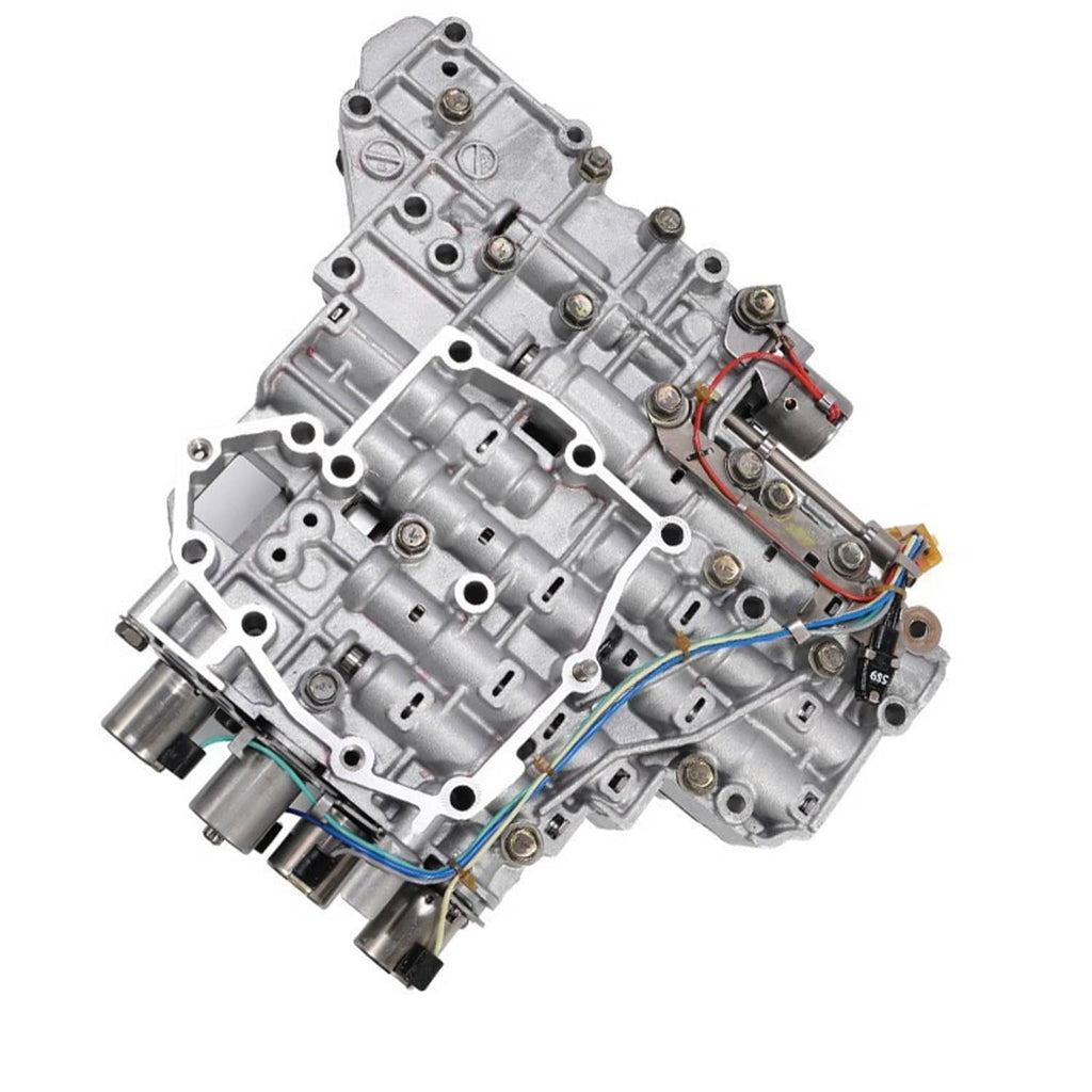 Transmission valve body with solenoid, angled view of silver casing and mounted solenoid