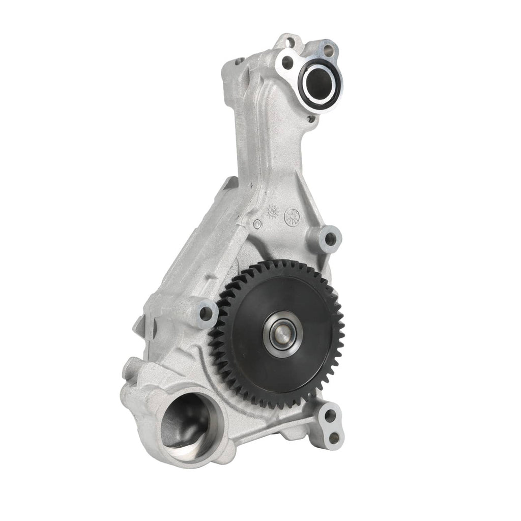 Oil pump assembly with visible driven gear and inlet/outlet ports, aluminum