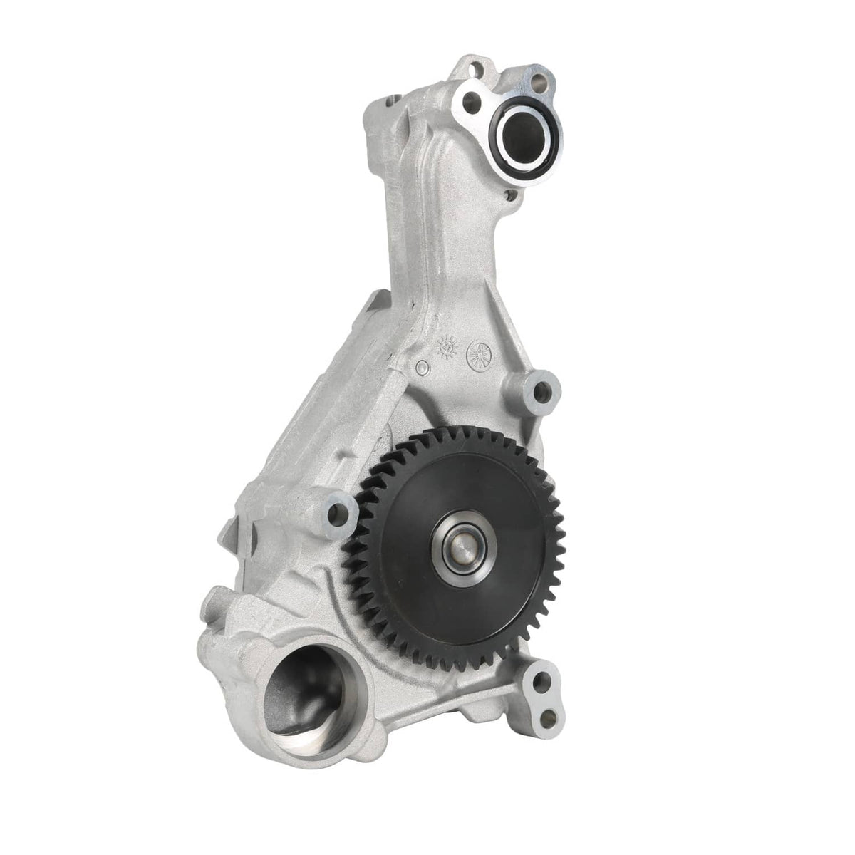 Oil pump assembly with visible driven gear and inlet/outlet ports, aluminum