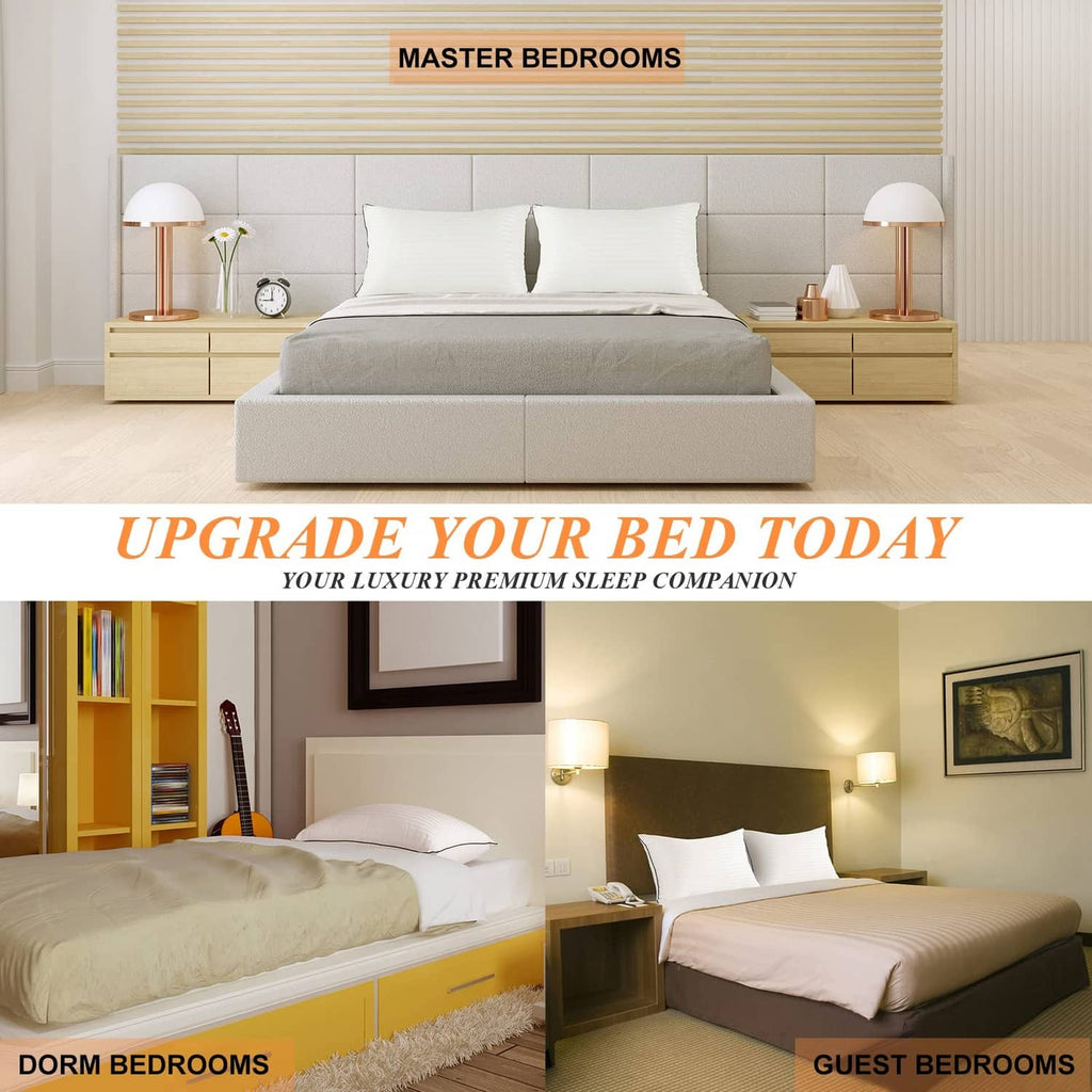 King bed with white pillows and blue piping, arranged at the head