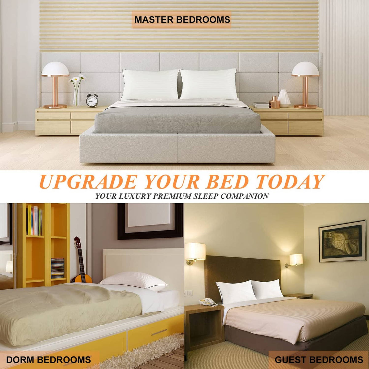 King bed with white pillows and blue piping, arranged at the head