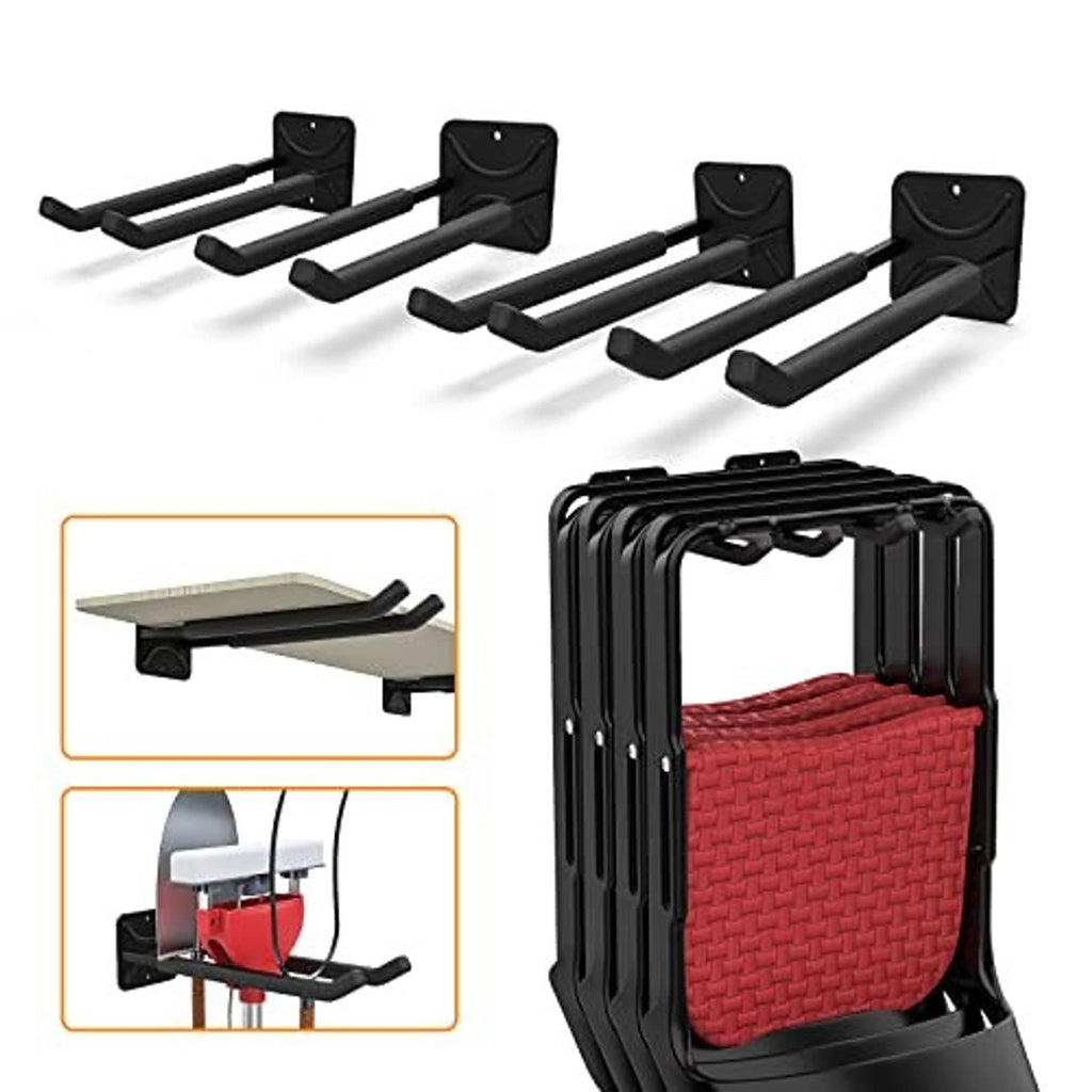 Wall-mounted tool hook rack with five black double hooks, shown folded with accessories