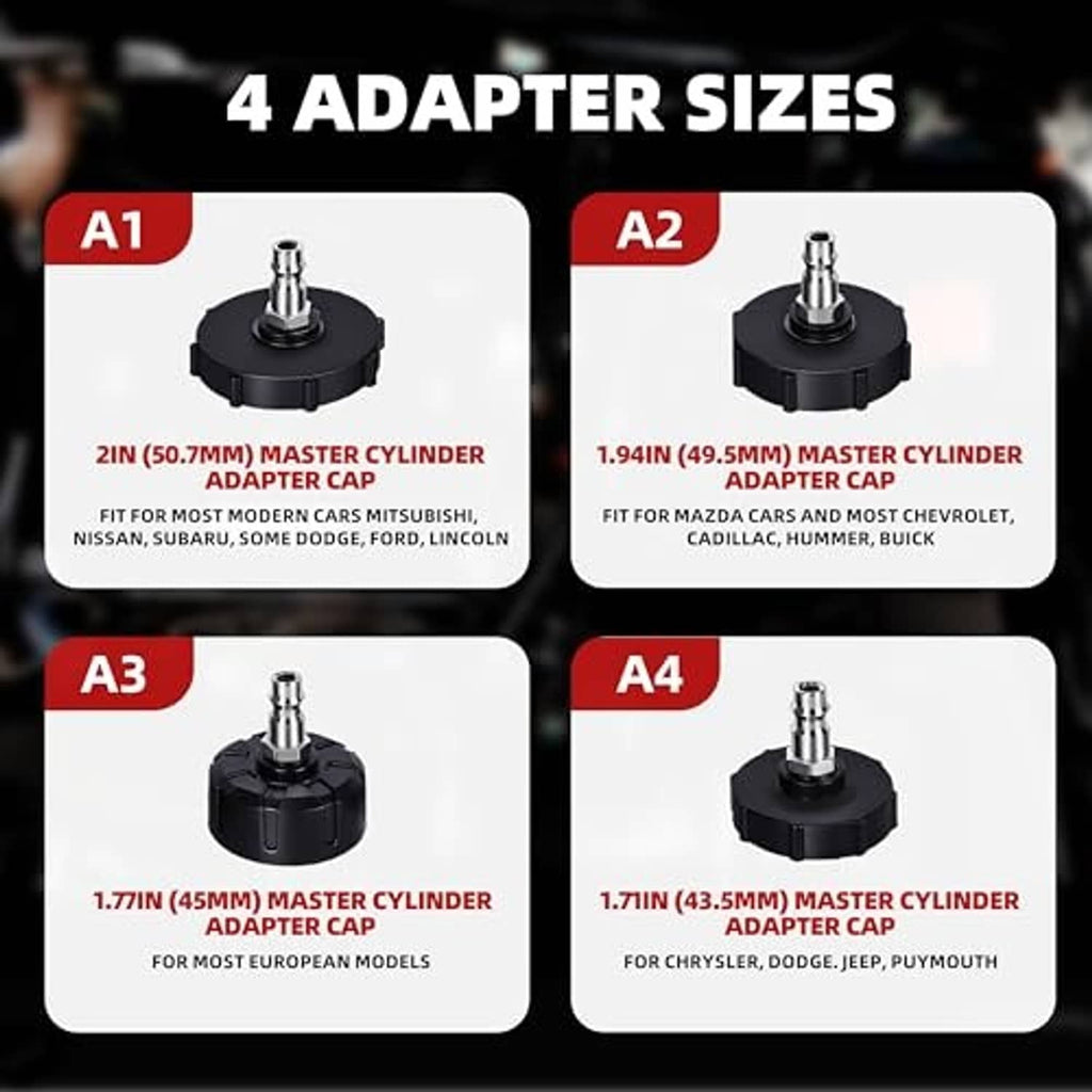 Four master cylinder adapter caps with threaded fittings for brake bleeder kit