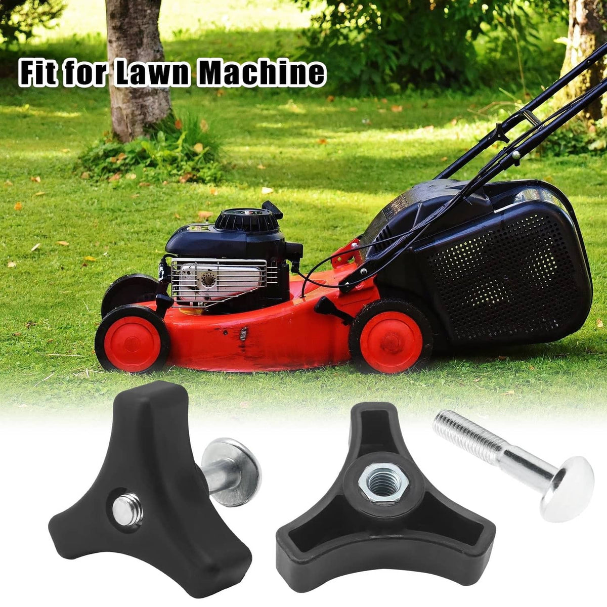 Two black triangular lawn mower handle knobs with metal bolts and threaded nuts