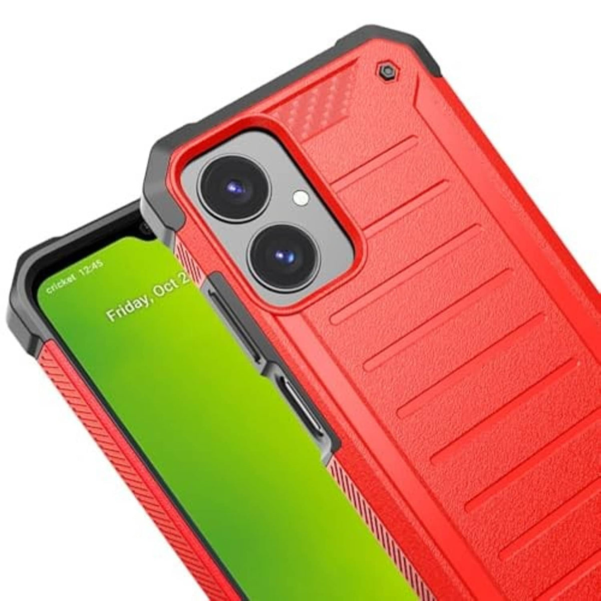 Red rugged case back with dual camera cutout and textured grip ridges