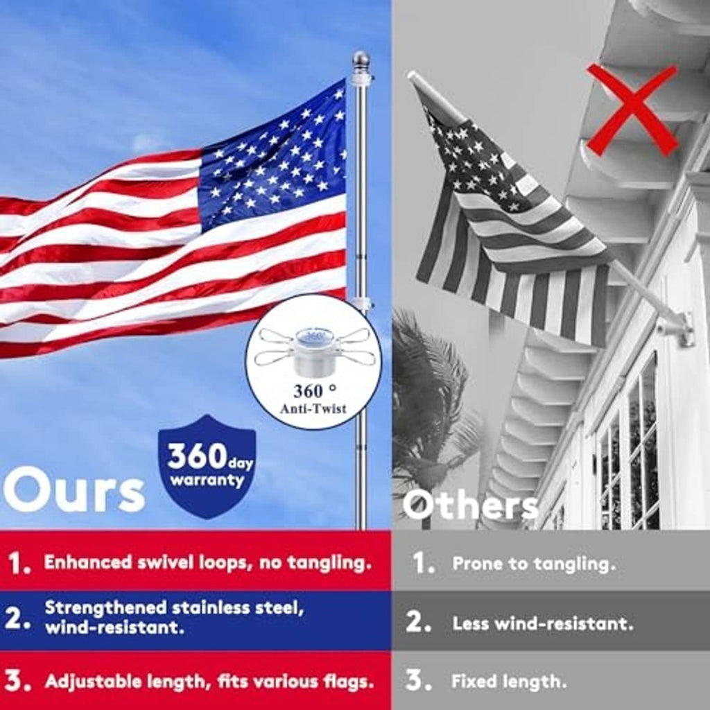 Flagpole with ball finial and clips displaying American and striped flags